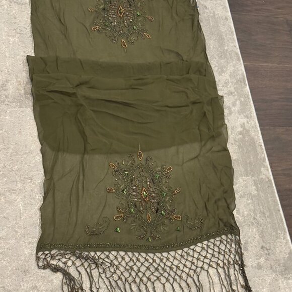 Sue Wong 100% Silk Scarf Shawl Large Army Green Brown Sheer Lace Hand Beaded #1 - Picture 11 of 16